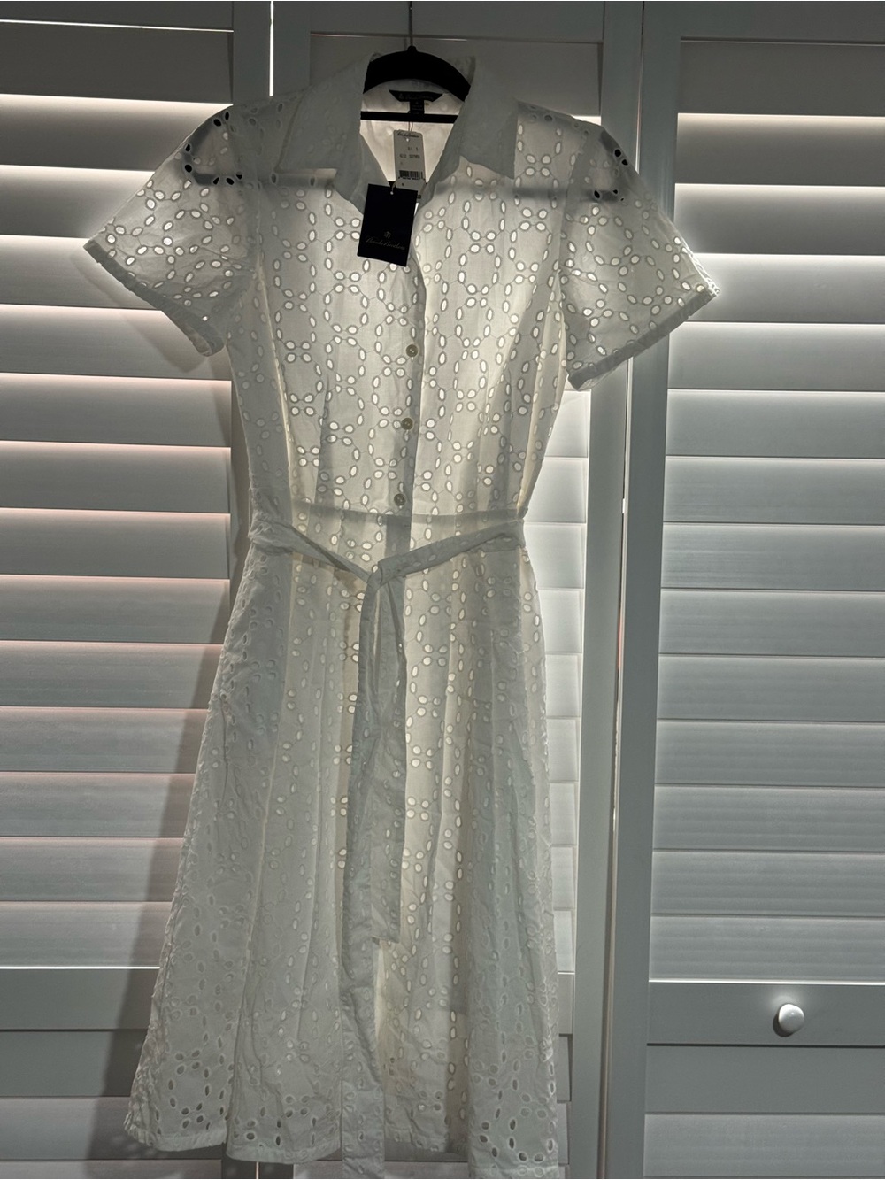 Brooks Brothers White Eyelet Midi Shirt Dress with Tie Waist
